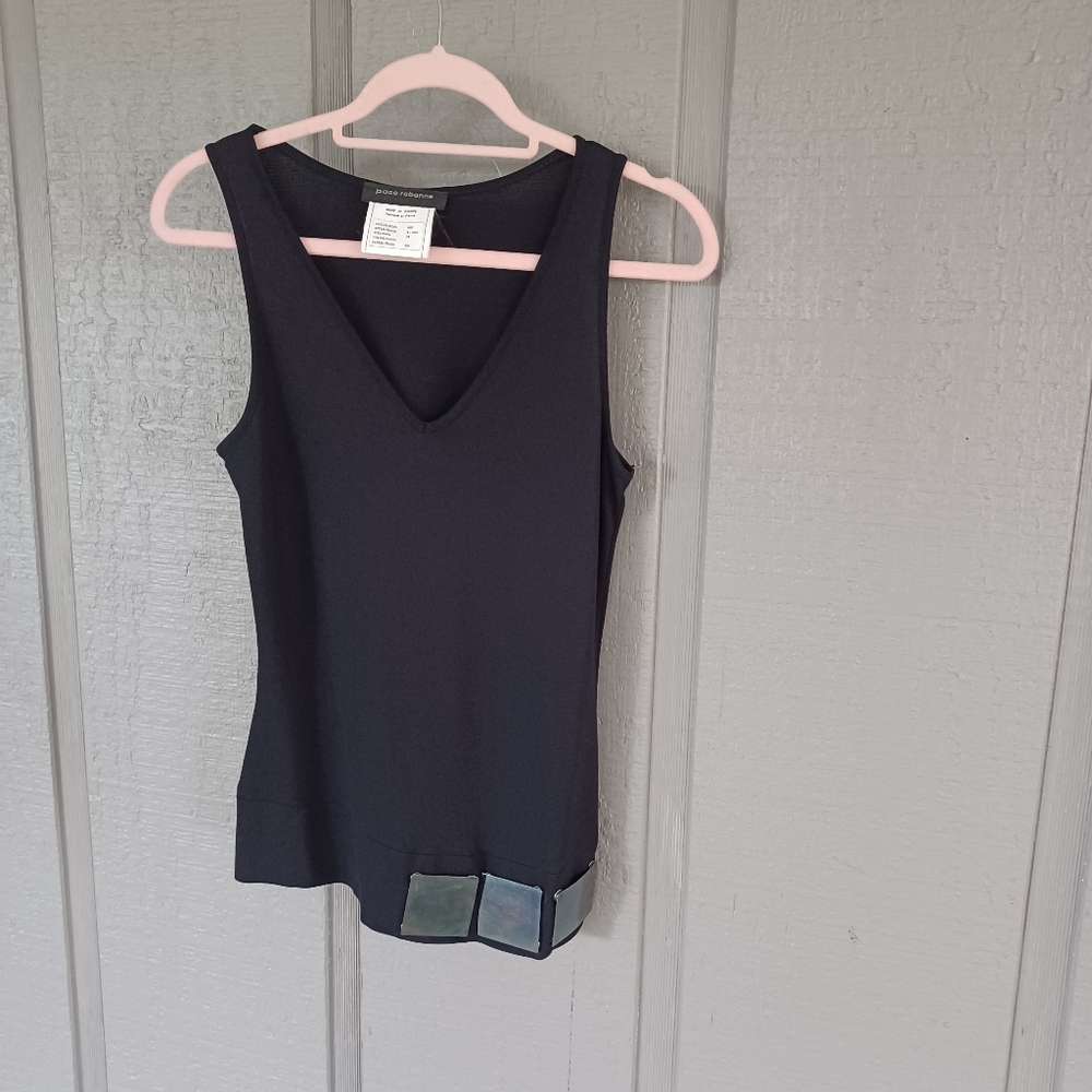Paco Rabanne Women Black Tank Top Size 38 US 6 Viscose Blend V Neck